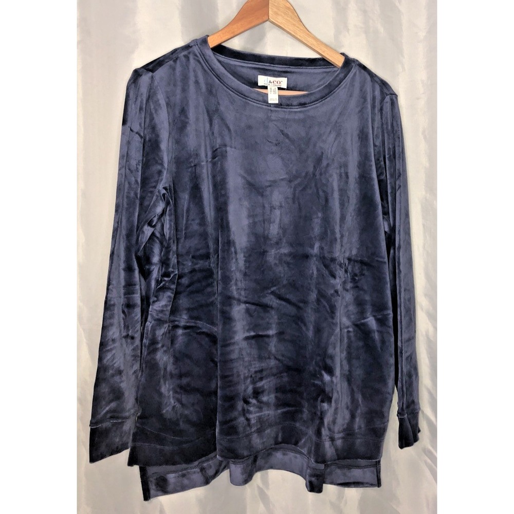 D & CO.  Active Velour Tunic Dark Blue Navy Cotton Blend Scoop Neck pockets NEW